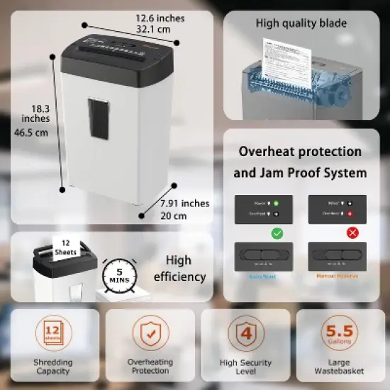 Bonsaii 12-Sheet Cross Cut Shredder, 5.5 Gal, for Paper, Credit Cards, Mail, Staples, P-4 Security, Transparent Window, White/Black, for Home Office image {1}