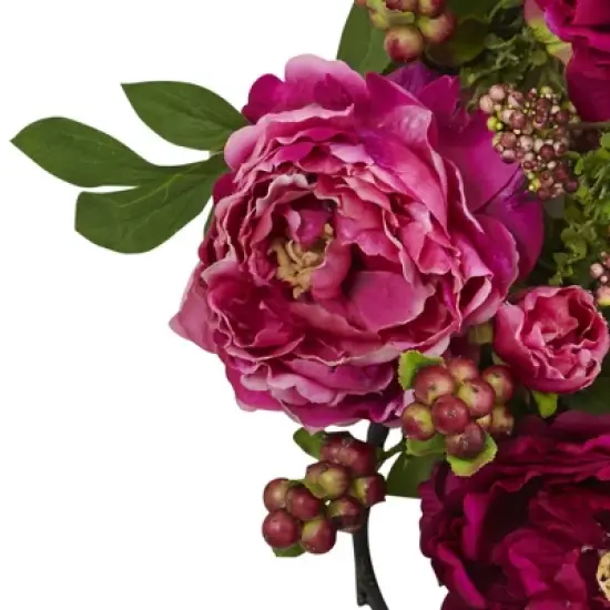 Mixed Peony and Berry Silk Wreath Fuchsia 20" - Nearly Natural image {1}