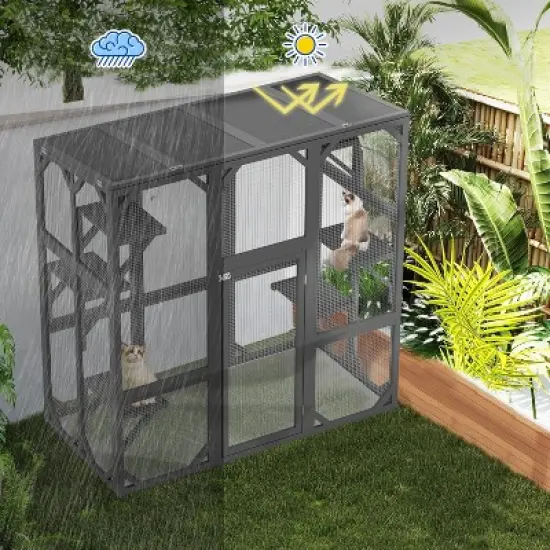 Outdoor Wooden Catio Cat Enclosure &ndash; 60" Large Feral Cat House with Platforms, Grey image {3}