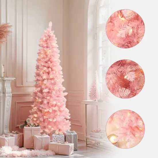 LuxenHome 6Ft Pink Pencil Artificial Tree with Warm White Lights and 8 Light Functions image {1}