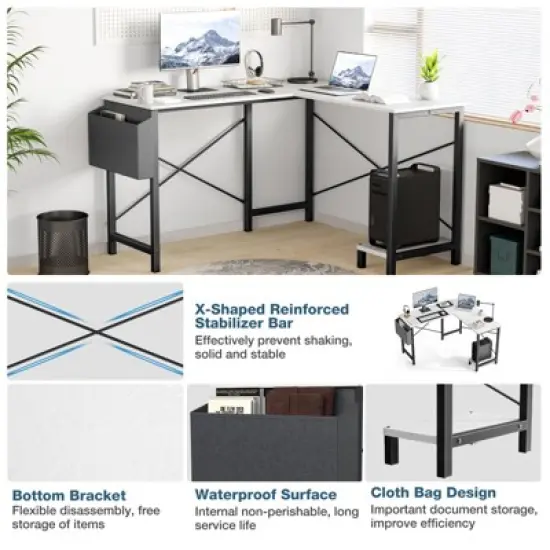 Gulches 50 Inch L Shaped Computer Desk Gaming Corner Office Table with CPU Storage Shelf Side Bag Wooden Top Metal Frame White image {5}