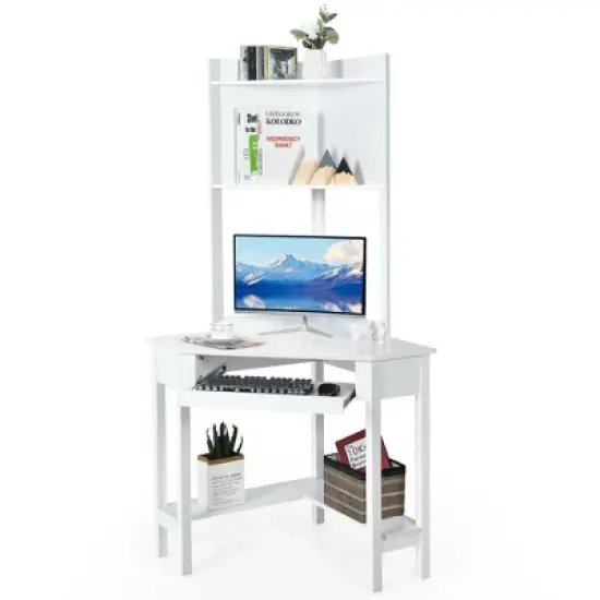Costway Corner Computer Desk Triangle Study Desk w/ Hutch & Keyboard Tray image {11}