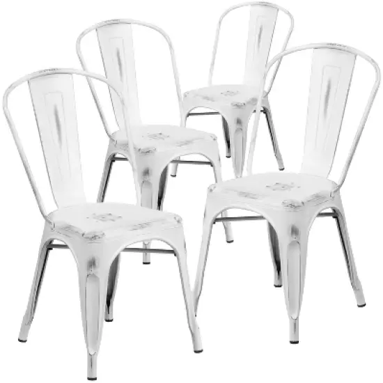 Emma and Oliver Commercial Grade 4 Pack Distressed Metal Indoor-Outdoor Stackable Chair image {20}