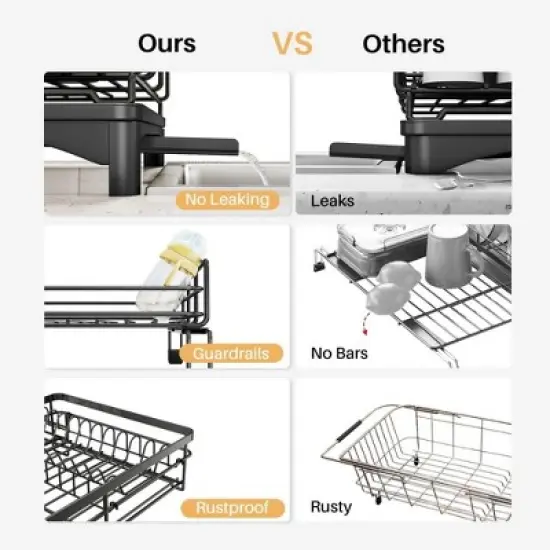 MaseiKar Expandable Dish Drying Rack, Stainless Steel Dish Drainer with Drainboard, Rustproof over Sink Drying Rack with Utensil Holder, Black image {3}