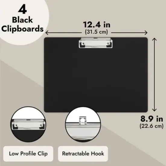 Juvale 4 Pack Black Plastic Clipboards with Low Profile Clip, 12.4 x 8.9 Horizontal Lap Clip Boards with Landscape Layout image {7}
