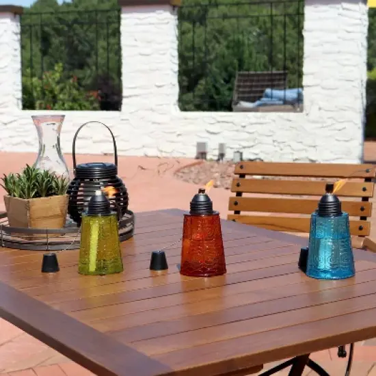 Sunnydaze Outdoor Refillable Glass Tabletop Torches with Long-Lasting Fiberglass Wicks - Blue, Orange, and Green - 3pc image {1}
