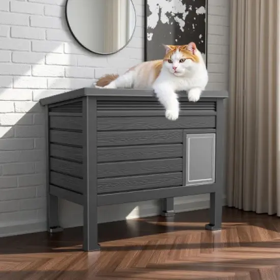 SEVOBAL Pet Crates and Houses Weatherproof Outdoor Shelter, PP Material with Door, Cozy Raised for Cats, Small Animals, Black, 31.02"*19.09"*26.73" image {1}