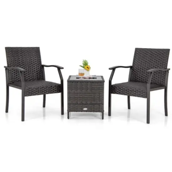 Costway 3 PCS Patio Conversation Set Wicker Chair Tempered Glass Table Cushioned Seat image {8}