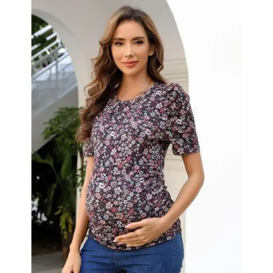 Coolmee Women Summer Maternity Shirts Puff Short Sleeve Floral Print Round Neck Tunic Top Casual Pregnancy Clothes image {2}