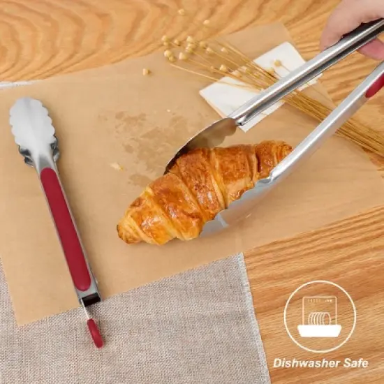 Unique Bargains Silicone Handle Stainless Steel BBQ Non-stick Locking Tongs Burgundy 9"&12" 2 Pcs image {5}