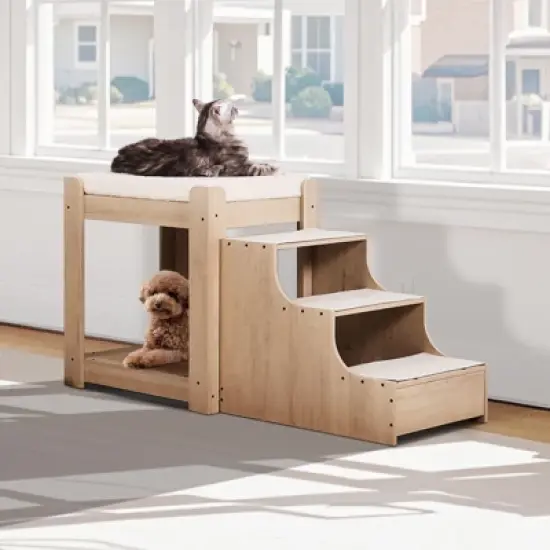 VEVOR Pet Bunk Bed with Stairs, Dog/Cat Window Perch, Multi-Level Bed Window Perch Dog Bedside Sleeper, Lounge Elevated Seat Platform(Beige) image {1}