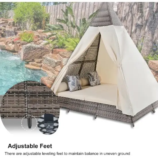 Zevemomo Outdoor Daybed with Colorful Pillows, Rattan Wicker Patio Sunbed Furniture Seating with Soft Cushions for Poolside Backyard, Brown Beige image {2}