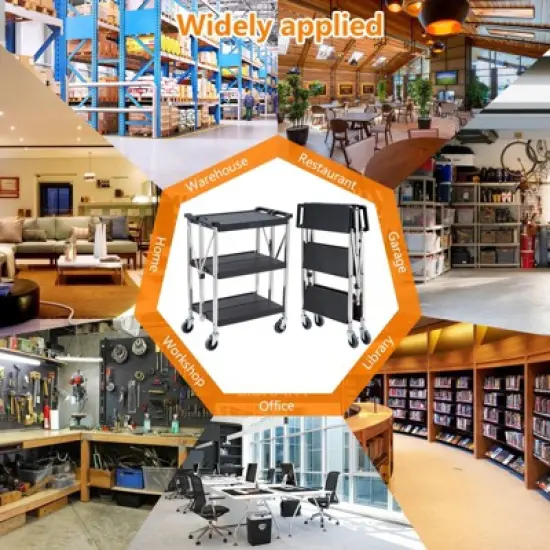Heavy Duty 3-Shelf Rolling Cart Commercial Foldable Utility Cart with Wheels 330 Lbs Capacity Collapsible Service Cart Black image {5}