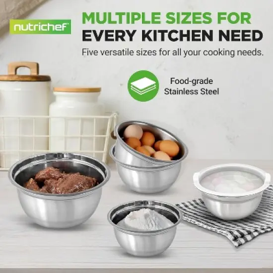 NutriChef 10-Piece Stainless Steel Kitchen Mixing Bowls with Lids - Stackable, Durable Design image {5}