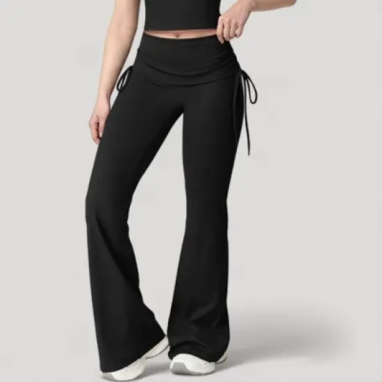 Anna-Kaci Active Women's Drawstring Ruched Waist Flared Leg Pants Stretch Fabric Active Yoga Lounge Bottoms image {2}