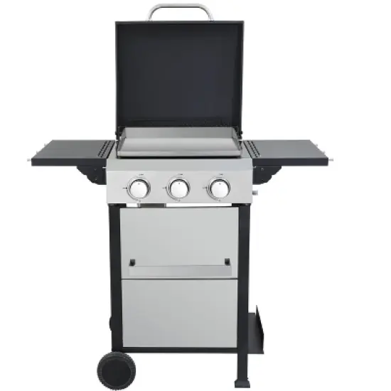 3-Burner Propane Gas Grill with Stainless Steel Plancha, Wire Enamel Grids, Foldable Side Table, Hanging Basket, Pull-Out Oil Pan, 36,900 BTU BBQ image {8}