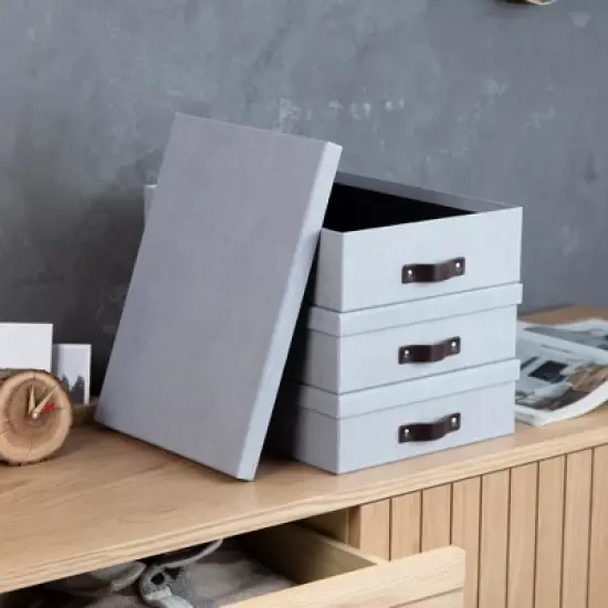 Bigso Oskar Document Letter Box with Lid and Leather Handle &ndash; Canvas Fiberboard File Organizer, 3.3" x 10.2" x 13.8" image {8}