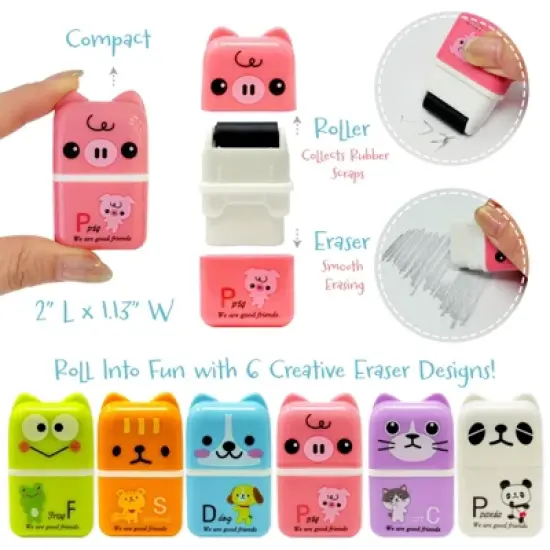 Wrapables Cute Animal Erasers with Clean Up Roller and Cover (Set of 6) image {1}