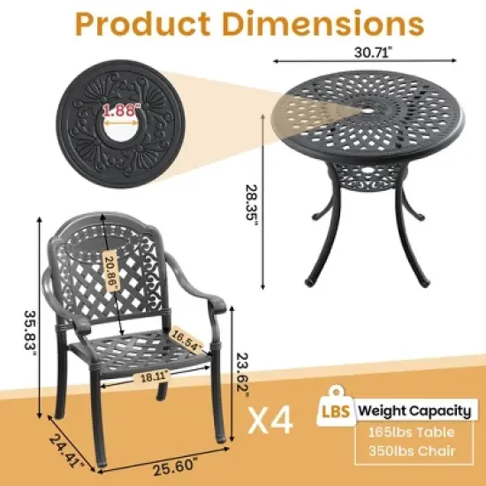 5-Piece Cast Aluminum Outdoor Dining Set with Red Cushions, Round Table & Stackable Chairs - for Patio, Backyard image {2}