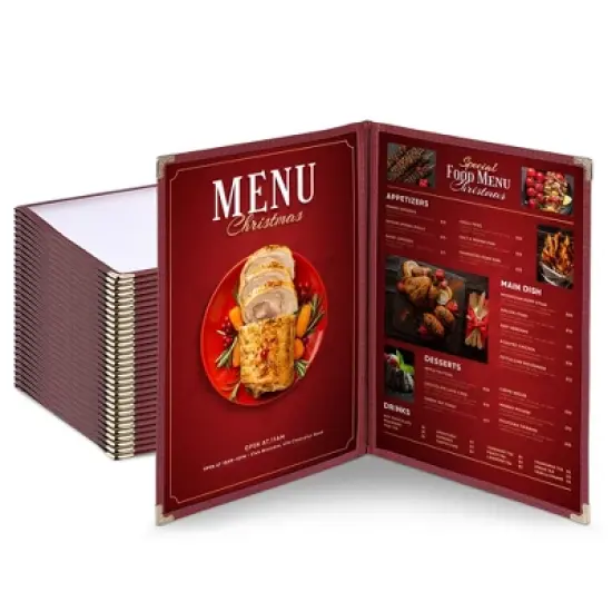 WeChef 30 Pack Menu Cover 8.5 x 11" 2 Page 4 View Double Fold Stitch Corner Restaurant Red image {9}