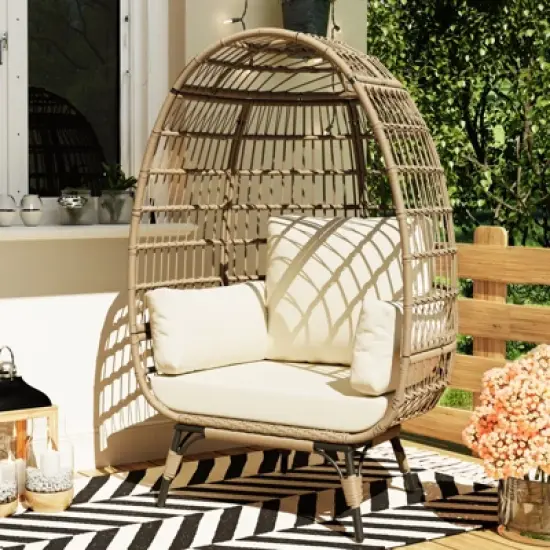 Egg Chair, Wicker Egg Chair with Plush Cushion, Steel Frame and Metal Base, Lounge Chair for Indoor & Outdoor Patio, Living Room, and Backyard image {7}