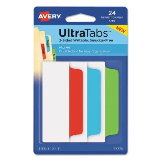 Avery Ultra Tabs Repositionable Tabs, Wide and Slim: 3" x 1.5", 1/3-Cut, Assorted Colors, 24/Pack image {3}