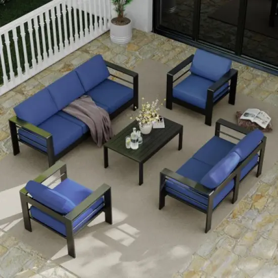 7 Seats Aluminum Patio Furniture Set, 5 Pieces Outdoor Sectional Conversation Set Sectional Sofa with 4" Armrest & 5" Thick Cushions & Coffee Table image {1}