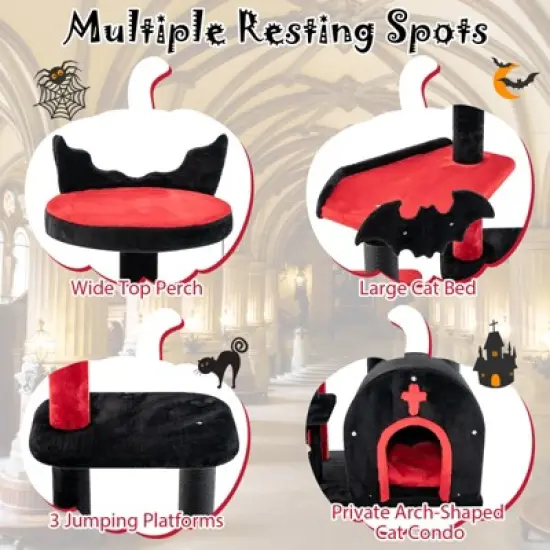 Costway 6-Tier Gothic Cat Tree 53&rdquo; Tall Cat Tower w/ Cat Bed Arch-Shaped Condo Pompom image {6}