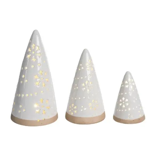 Transpac Ceramic Light Up White Cone Tree with Embossed Design Multicolor Tabletop Sculpture Battery Operated Christmas Decor image {1}