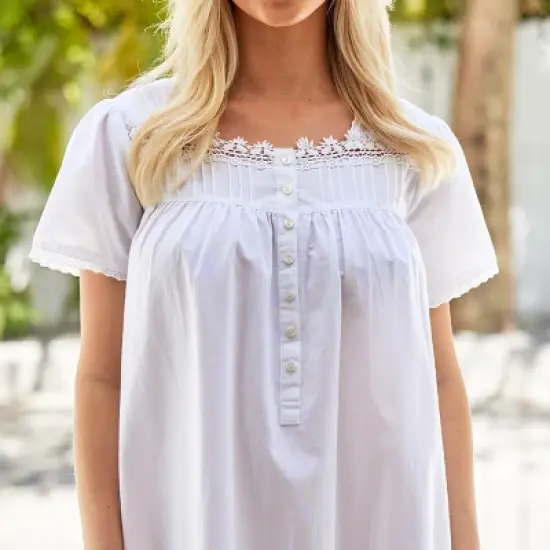 Women's Cotton Victorian Nightgown, Sophia Short Sleeve Lace Trimmed Button Up Short Sleeve Vintage Night Dress Gown image {4}