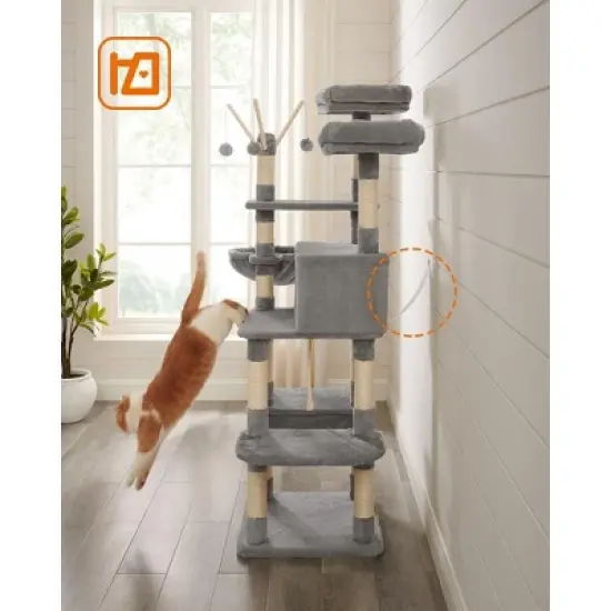 FEANDREA Cat Tree, Large Cat Tower, 64.6 Inches, Cat Activity Center with Hammock, Basket, Removable Fur Ball Sticks, Cat Condo image {3}