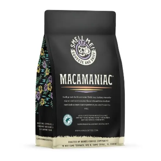 Bones Coffee Company Macamaniac Ground Coffee Beans Macadamia & Coconut Flavor 12 oz Medium Roast (Ground) image {1}
