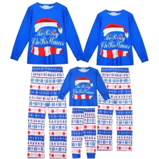 cheibear Christmas Cute Letters Print Long Sleeve Tee with Pants Loungewear Family Pajama Sets Blue image {4}