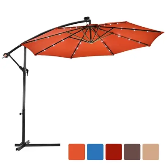 Costway 10' Hanging Solar LED Umbrella Patio Sun Shade Offset Market W/Base Orange image {1}