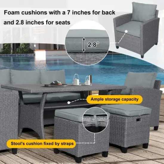JUJABU 6-Piece Wicker Patio Garden Backyard Sofa Set with Cushion, 2 Stools and Coffeetable image {4}