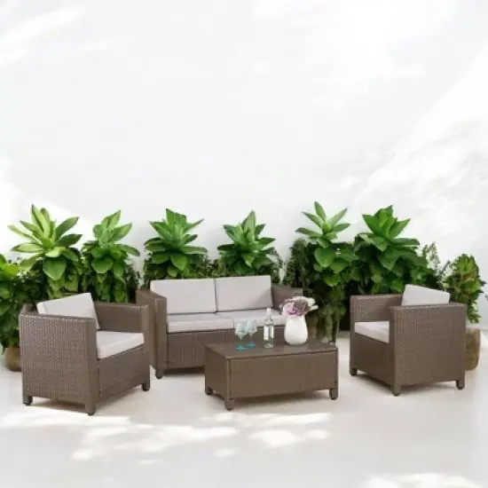 4-Piece Outdoor Sofa Set with Cushions, PE Wicker Rattan Seating Group with Loveseat, Club Chairs, and Coffee Table for Backyard, Patio, or Garden image {10}