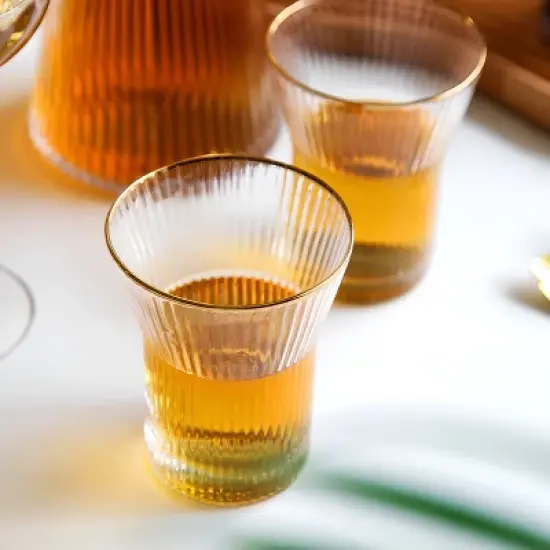 Slickblue Stylish Hand-Blown Clear/Grey Glass Carafe Set with Bamboo Lid, 34 oz Carafe and 2 Glasses image {3}