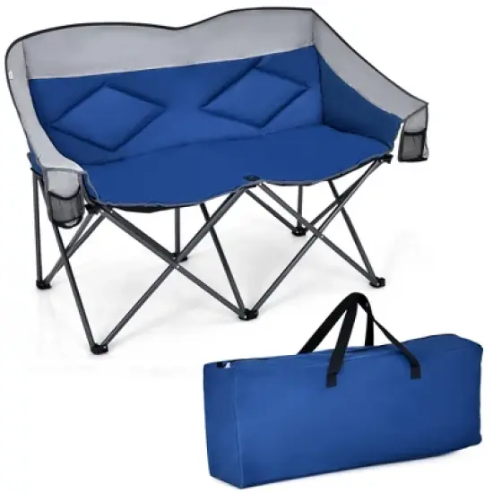 Costway Folding Camping Chair Loveseat Double Seat w/ Bags & Padded Backrest Gray\Blue image {10}