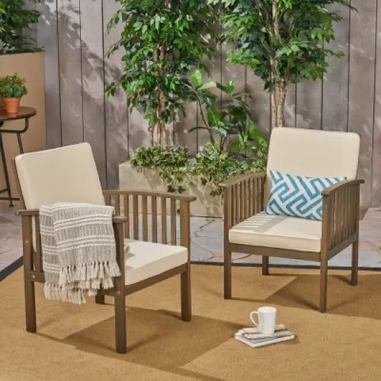 FIONECA Patio Acacia Wood Outdoor Furniture Set &uml;C 2 Club Chairs with Cream Cushions & Foldable End Table, Garden Patio Deck (Grey Finish) image {1}