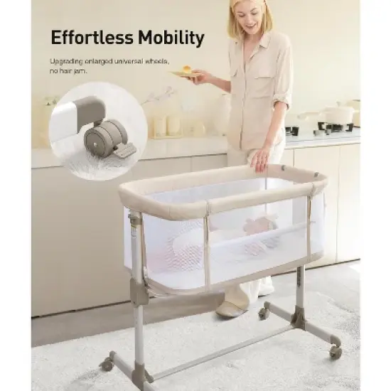 Fodoss Baby Bassinets Bedside Sleeper with Wheels, 7 Height Adjustable, Beige image {5}