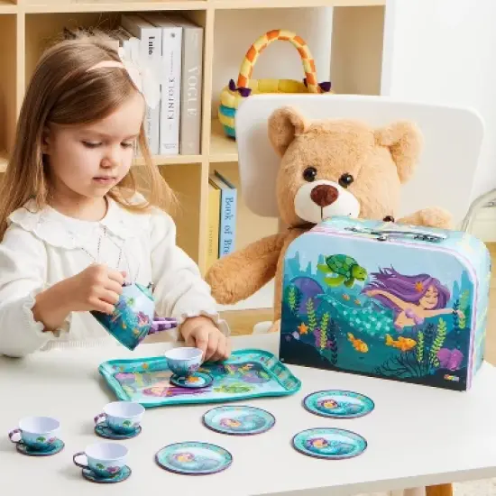 Joyfy Kid Tea Set, Mermaid Tea Party Set for Girls, Princess Pretend Play Tin Teapot Set Kitchen Toy for Girls Toddlers 2 3 4 5 6 Years Old image {8}