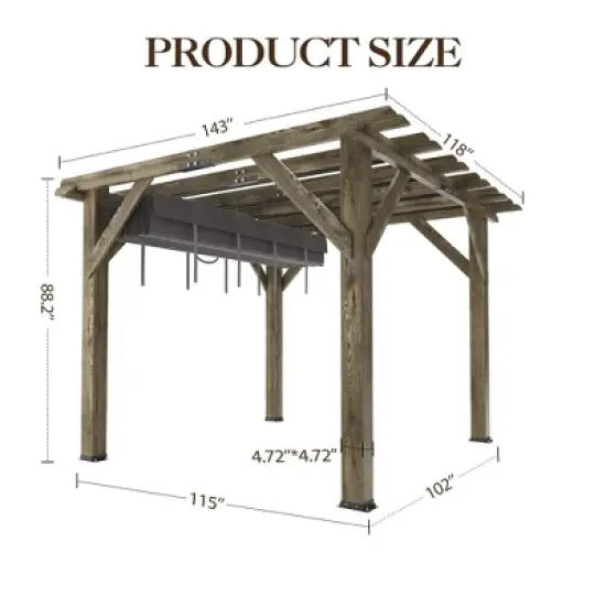 10x12 FT Wood Pergola with Retractable Canopy, Retractable Shade Canopy, Durable, Rot Resistant, for Backyard, Deck, Garden, Outdoor Entertaining image {5}