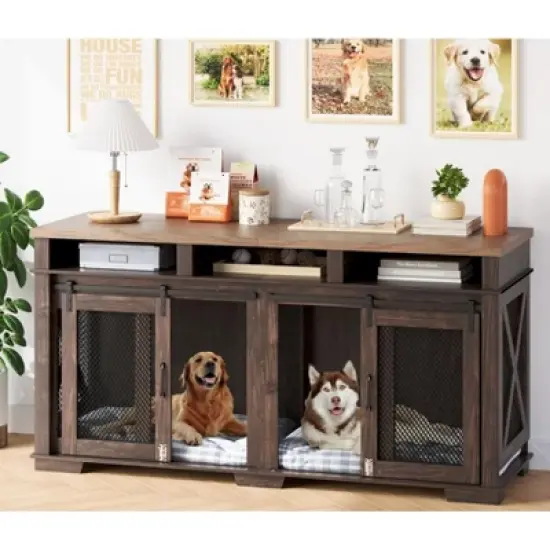 71" Dog Crate Furniture, Double Dog Crate Table, Double Dog Kennel Furniture With 3 Storages And Removable Divider For Large Medium Dogs image {7}