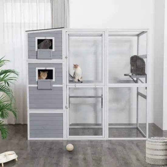 Sevobal Pet Crates and Houses, 2-Tier Cat House with Platform and Windows, Large Capacity Cage for 2-4 Cats, Gray, 75.9"*33.5"*70" image {1}
