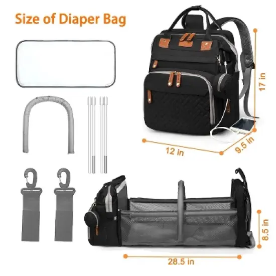 Baby Diaper Bag with Changing Station, Waterproof, Backpack , USB Charging - Black image {4}