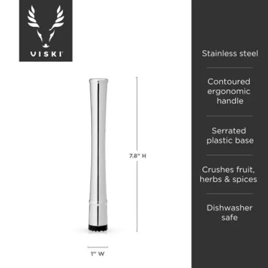 Viski Stainless Steel Muddler, Essential Bar Tools & Accessories, Craft Cocktail Accessories, 7.8 Inches, Silver Finish image {2}