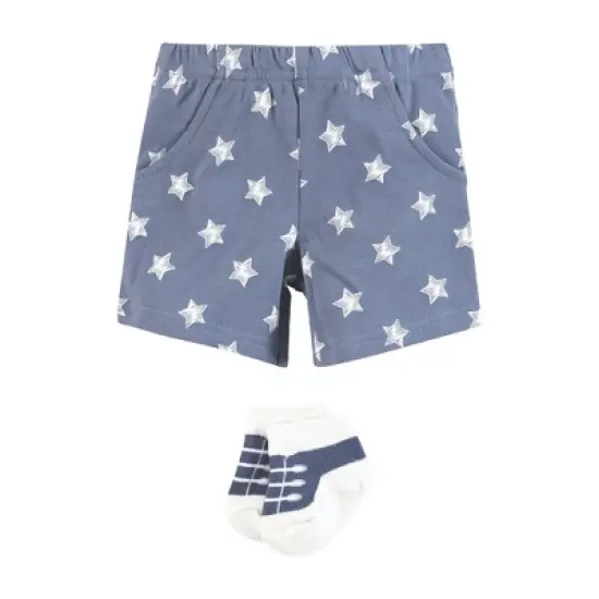 Hudson Baby Infant Boys Bodysuit, Short and Sock, Mamas Boy Blue Star image {3}