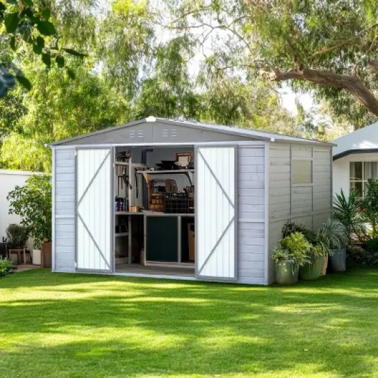 Outdoor Gray Backyard Storage Shed,Iron-Wood Frame Garden Bike Shed with Windows,Iron Doors,All-Weather Waterproof Garden Tool Shed-Coolbibila image {2}