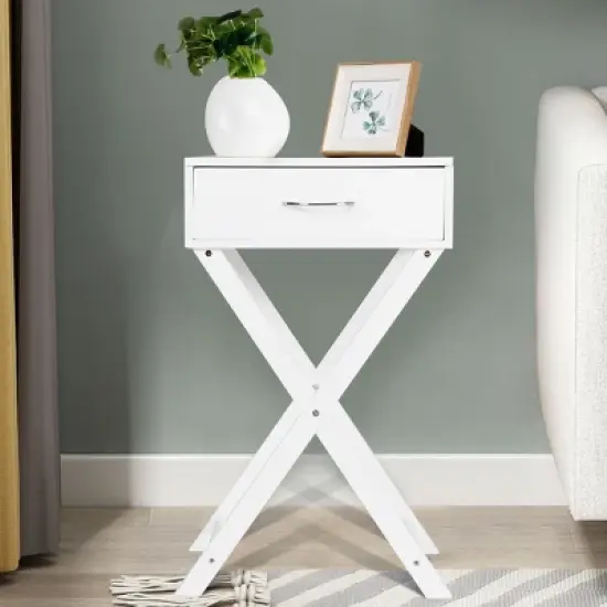 Costway Nightstand X-Shape Drawer Accent side End Table Modern Home Furniture White image {2}