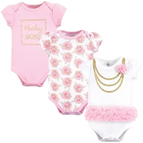 Little Treasure Baby Girl Cotton Bodysuits 3pk, Gold Roses image {1}